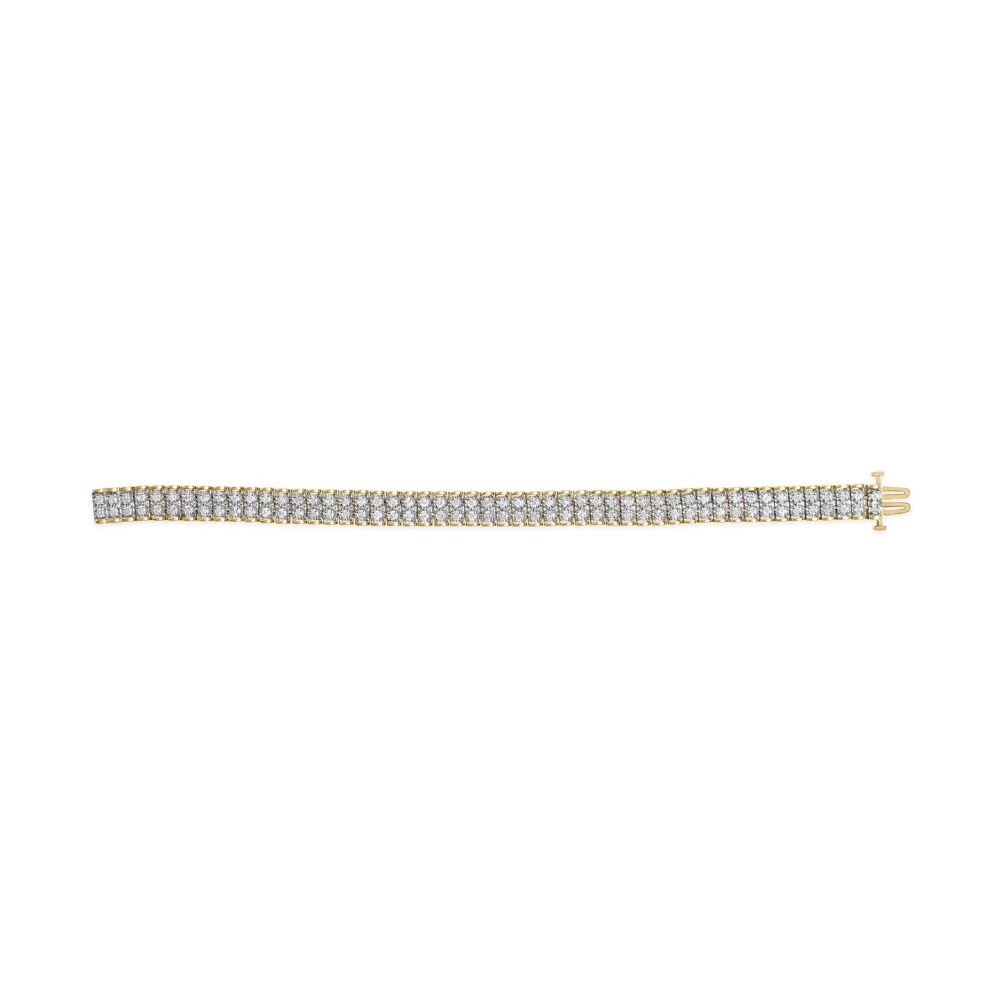 Yellow metal bracelet with two rows of white round gemstones in prong settings, flat lay top view.