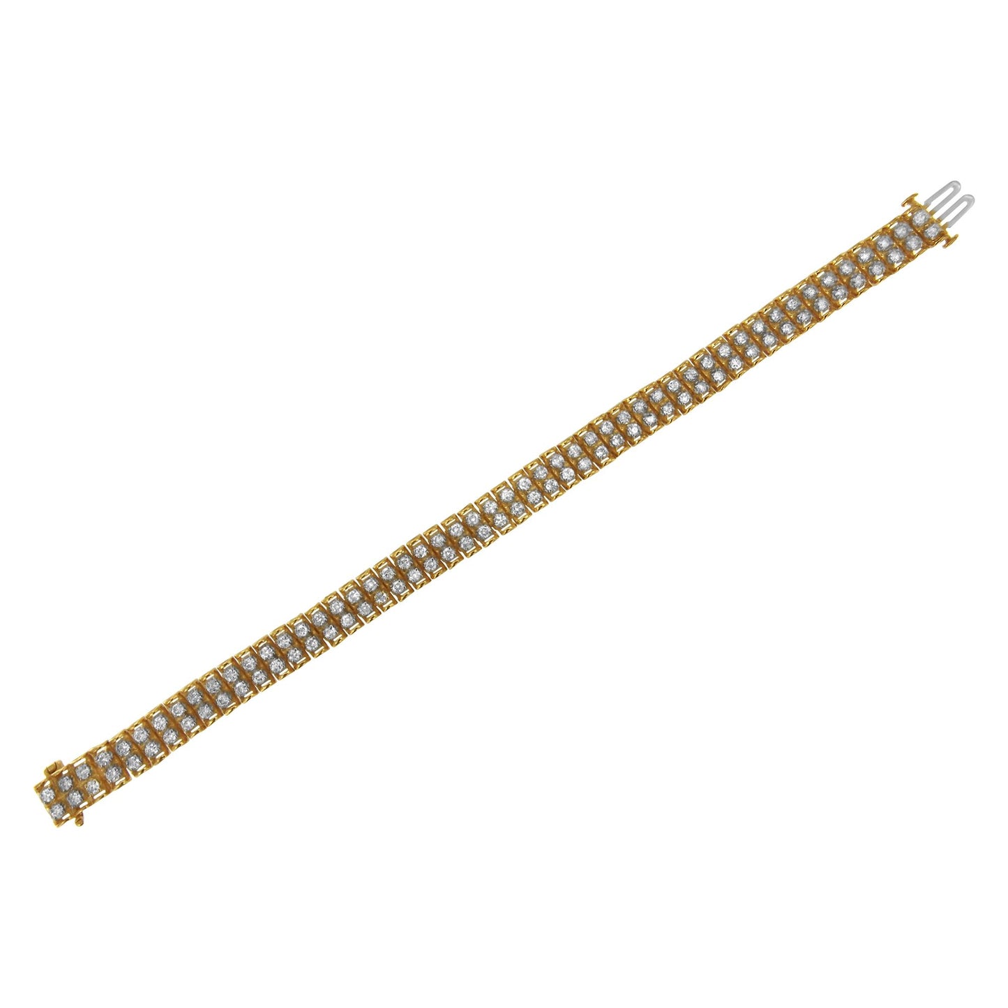 Diagonal top-down view of a yellow metal bracelet featuring multiple rows of round white gemstones in prong settings.