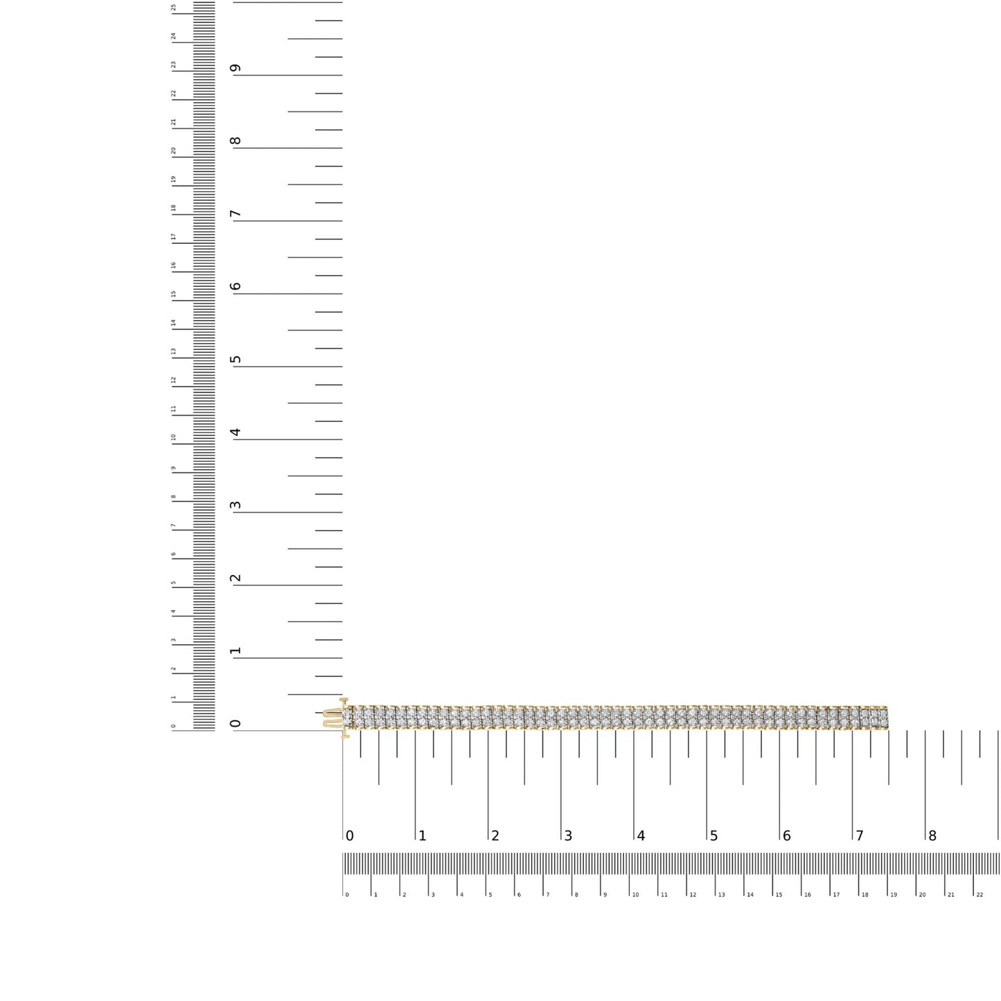 Yellow metal bracelet with two rows of white round gemstones in prong settings, displayed flat on a ruler for size reference, shot from above.