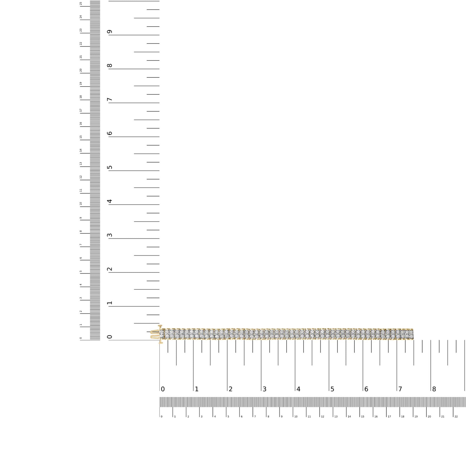 Yellow metal bracelet with two rows of white round gemstones in prong settings, displayed flat on a ruler for size reference, shot from above.