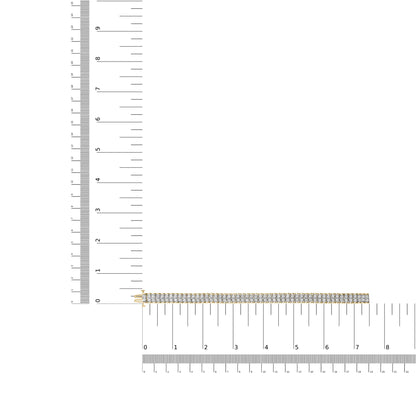 Yellow metal bracelet with two rows of white round gemstones in prong settings, displayed flat on a ruler for size reference, shot from above.