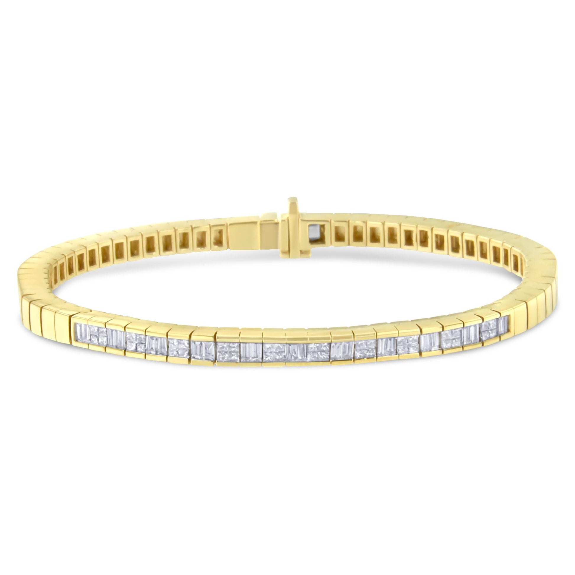 Yellow metal bracelet with alternating white baguette and princess-shaped gemstones, shown from a front-facing angle.