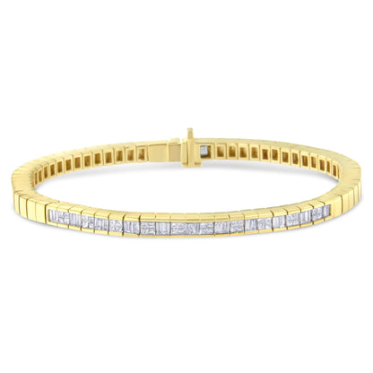 Yellow metal bracelet with alternating white baguette and princess-shaped gemstones, shown from a front-facing angle.