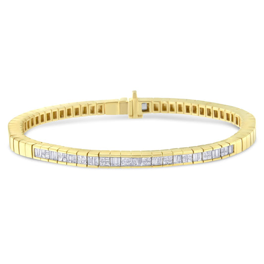 Yellow metal bracelet with alternating white baguette and princess-shaped gemstones, shown from a front-facing angle.
