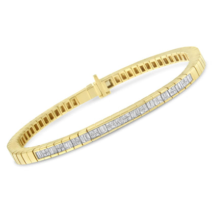 Yellow bracelet with channel-set white baguette shape gemstones and invisible-set white princess shape gemstones, shown at an angled top view.