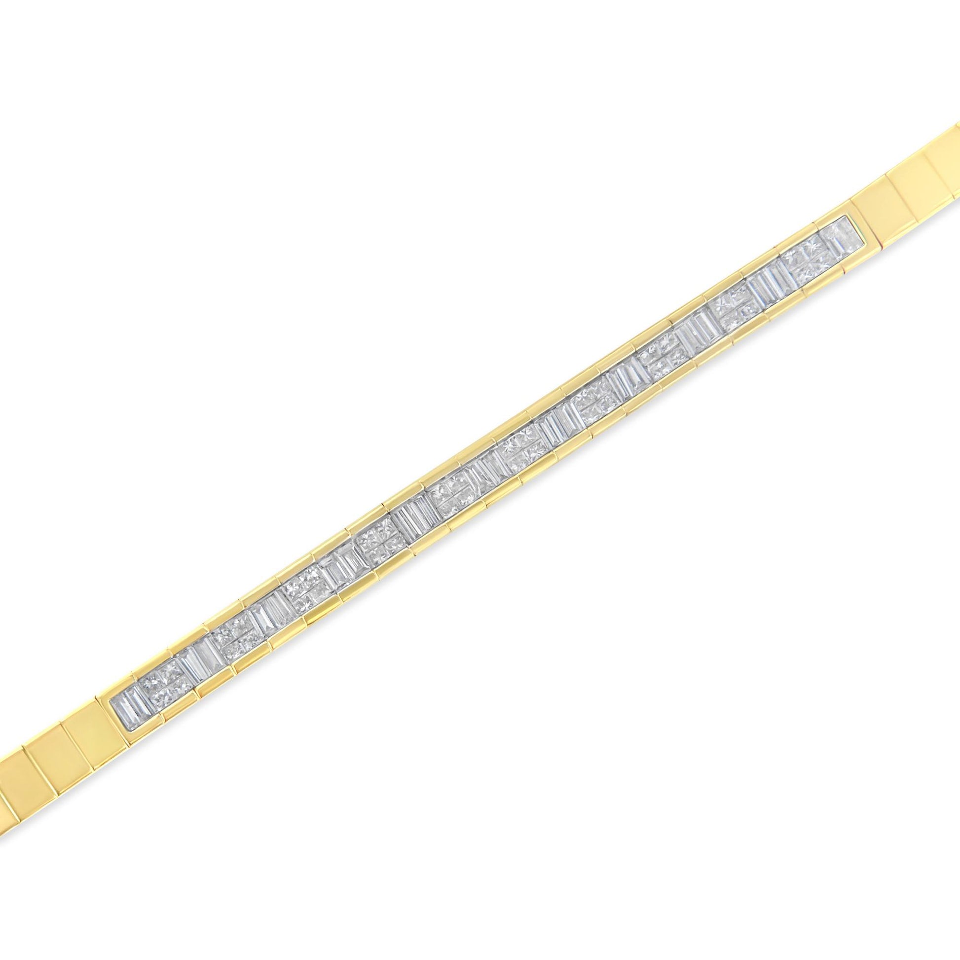 Yellow metal bracelet with alternating rows of white baguette-shaped gemstones in channel setting and white princess-shaped gemstones in invisible setting, shown in a diagonal close-up view.