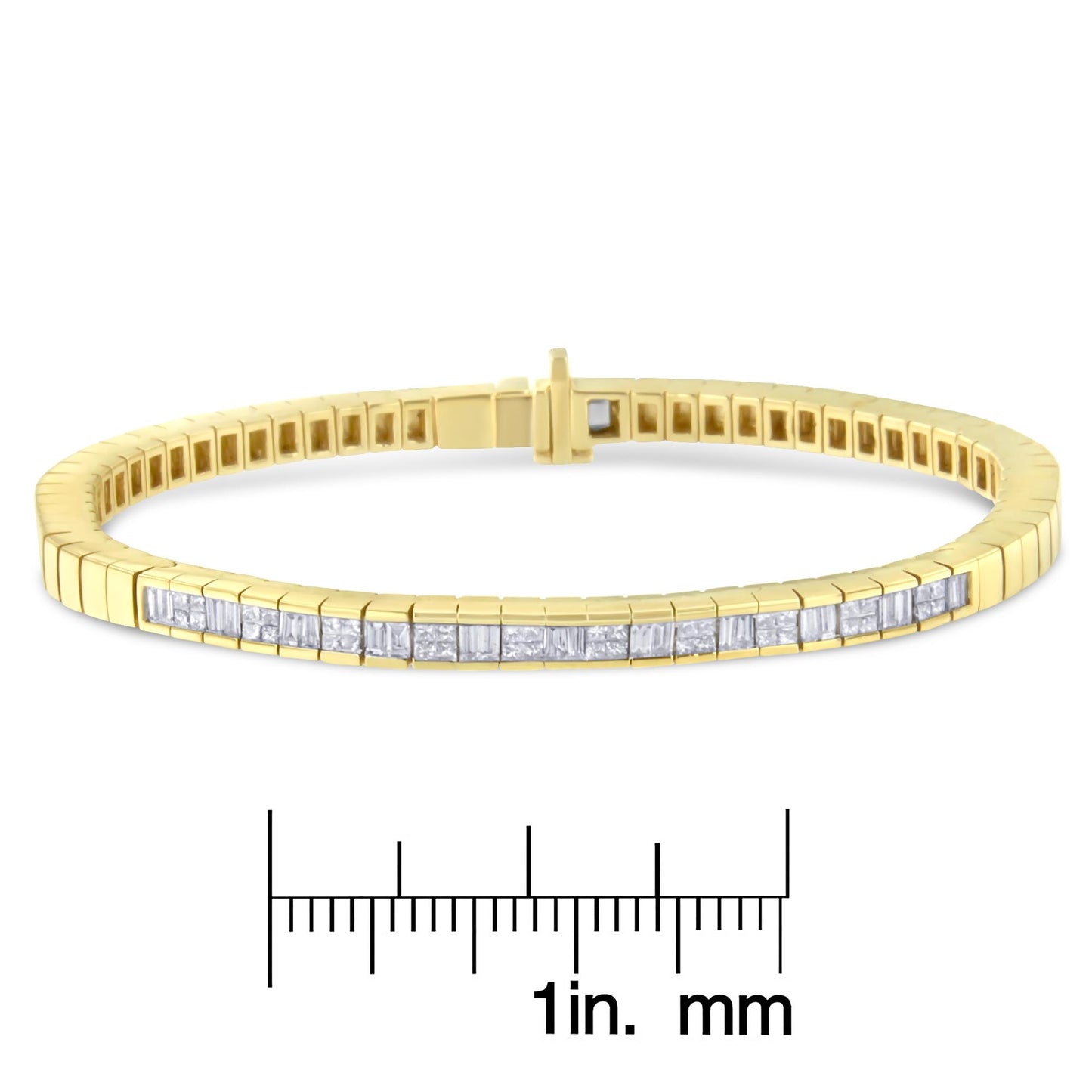 Yellow bracelet with white baguette and princess shape gemstones in channel and invisible settings, shown at a slight angle, placed on a ruler for size reference.