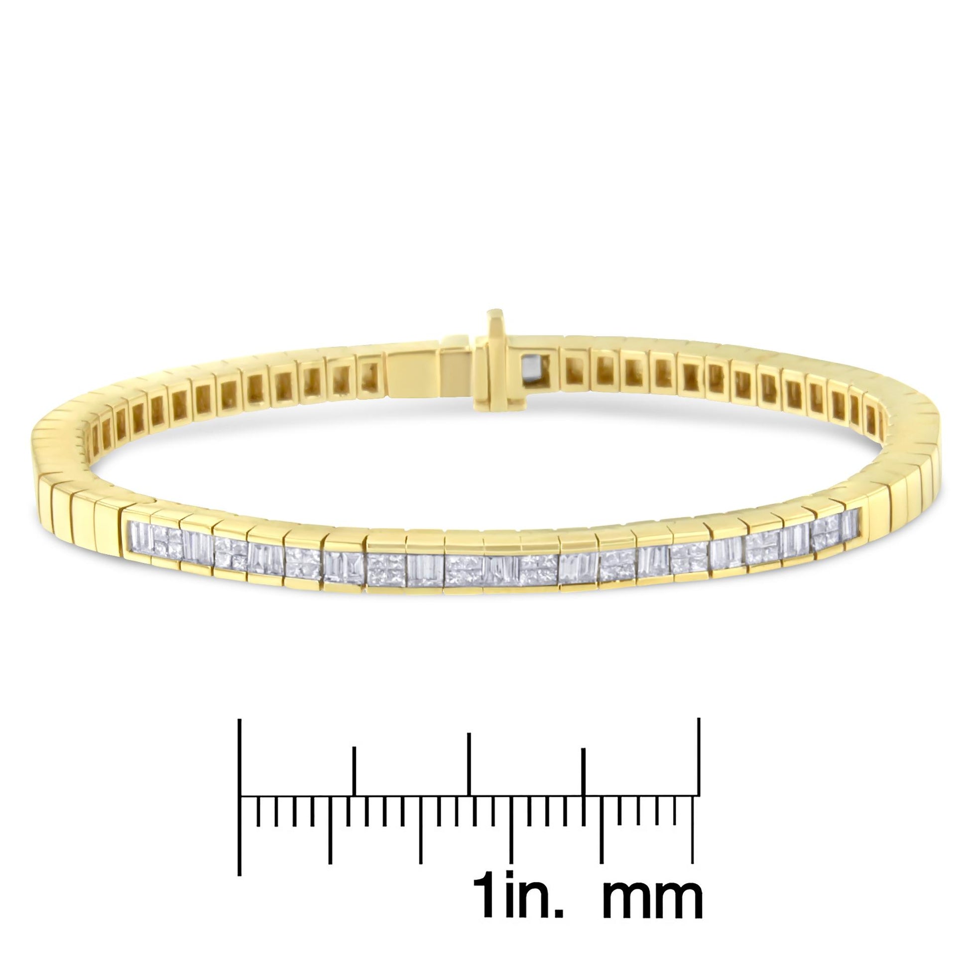 Yellow bracelet with white baguette and princess shape gemstones in channel and invisible settings, shown at a slight angle, placed on a ruler for size reference.