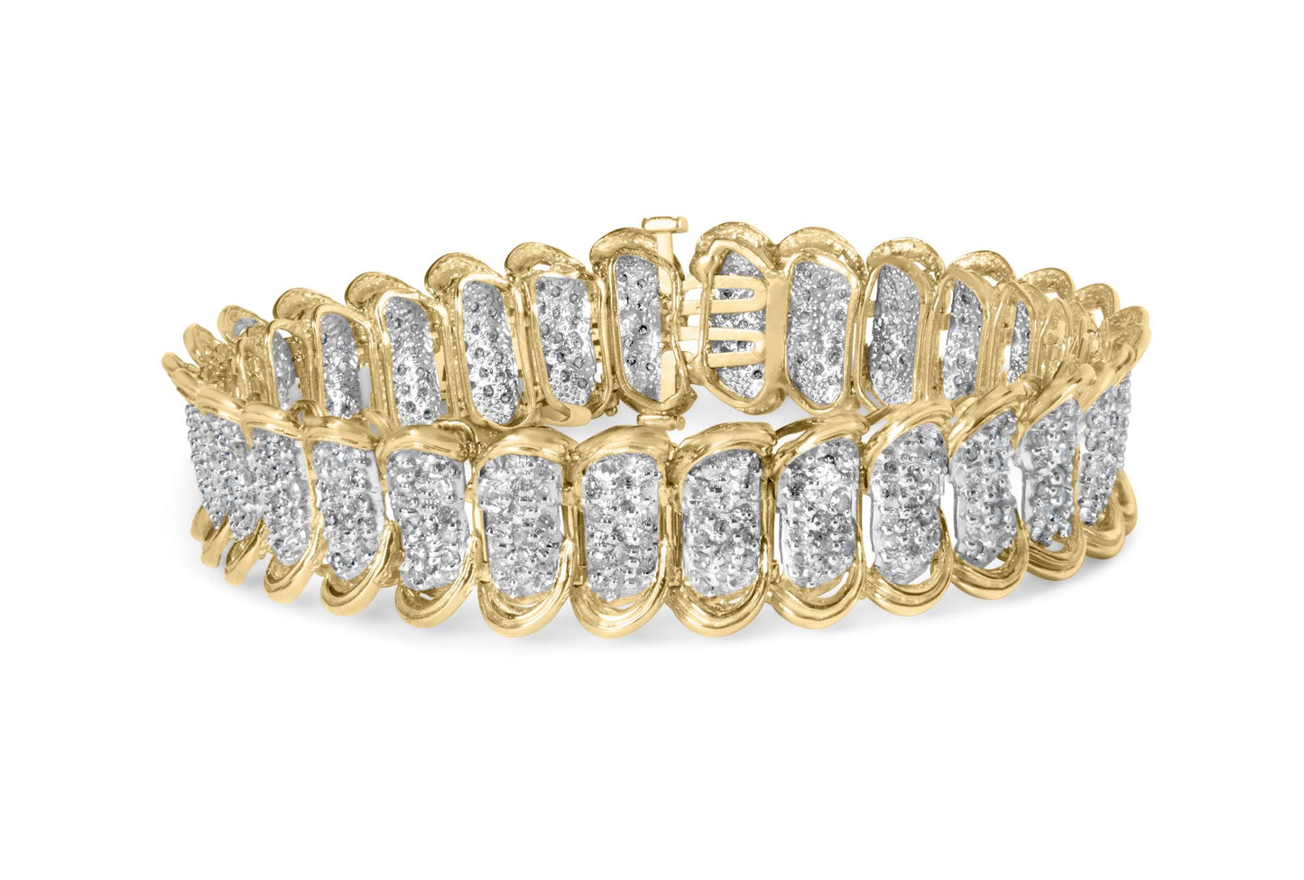 Close-up front angle of a yellow metal bracelet with multiple sections featuring round white gemstones in prong settings.