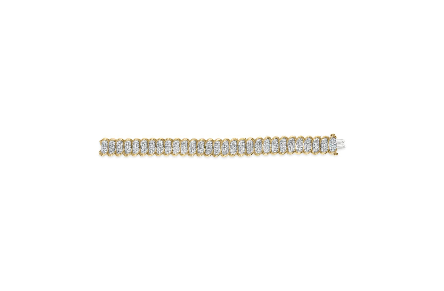 Top-down view of a yellow bracelet with multiple oval-shaped sections each containing clusters of white round gemstones in prong settings.