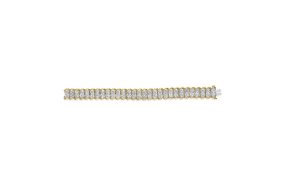 Top-down view of a yellow bracelet with multiple oval-shaped sections each containing clusters of white round gemstones in prong settings.
