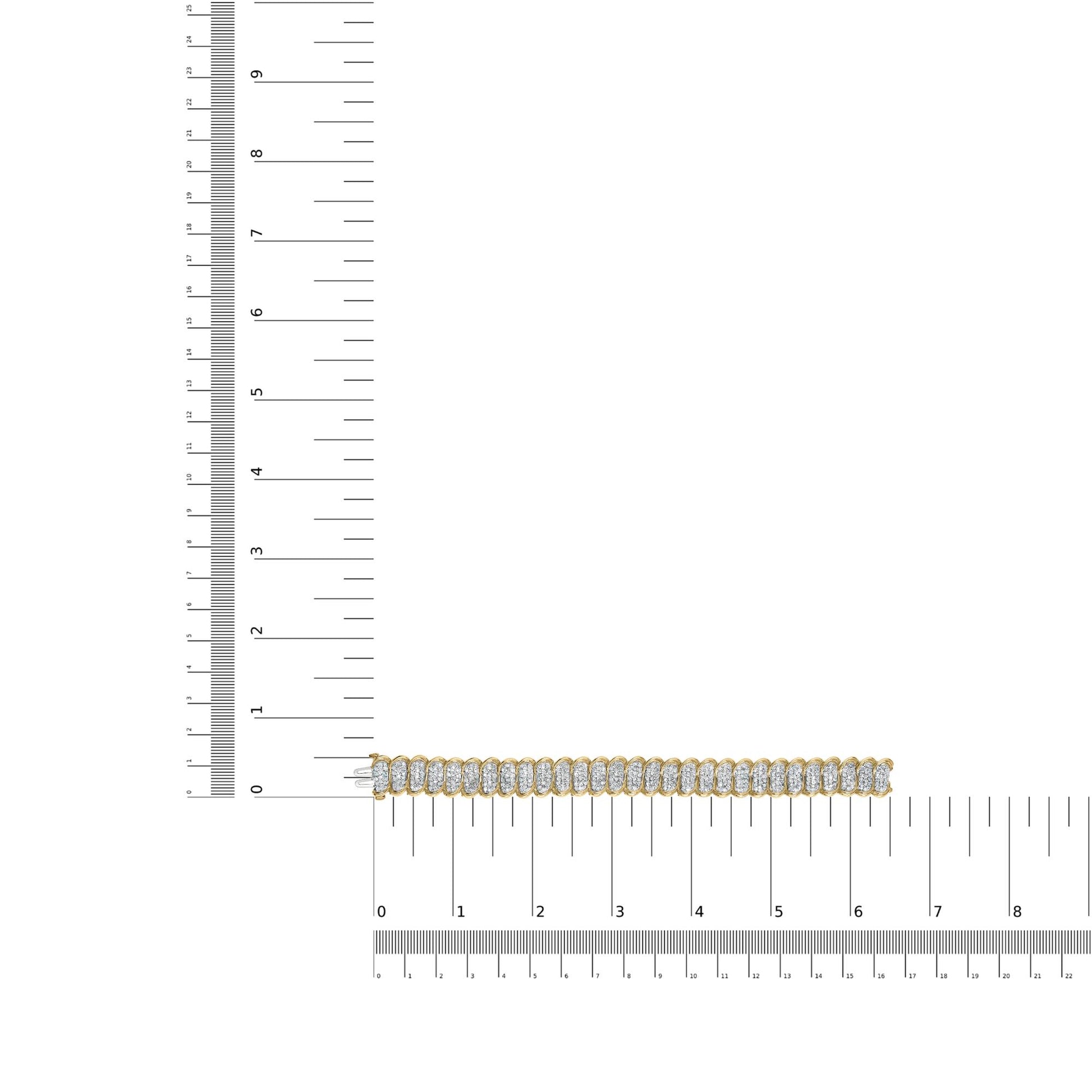 Yellow metal bracelet with multiple rows of white round gemstones in prong settings, shown flat on a ruler for size reference, top-down angle.