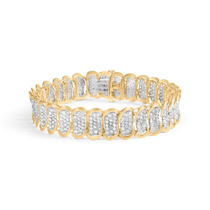 Yellow metal bracelet with alternating curved links set with white round gemstones, shown from a front angle.
