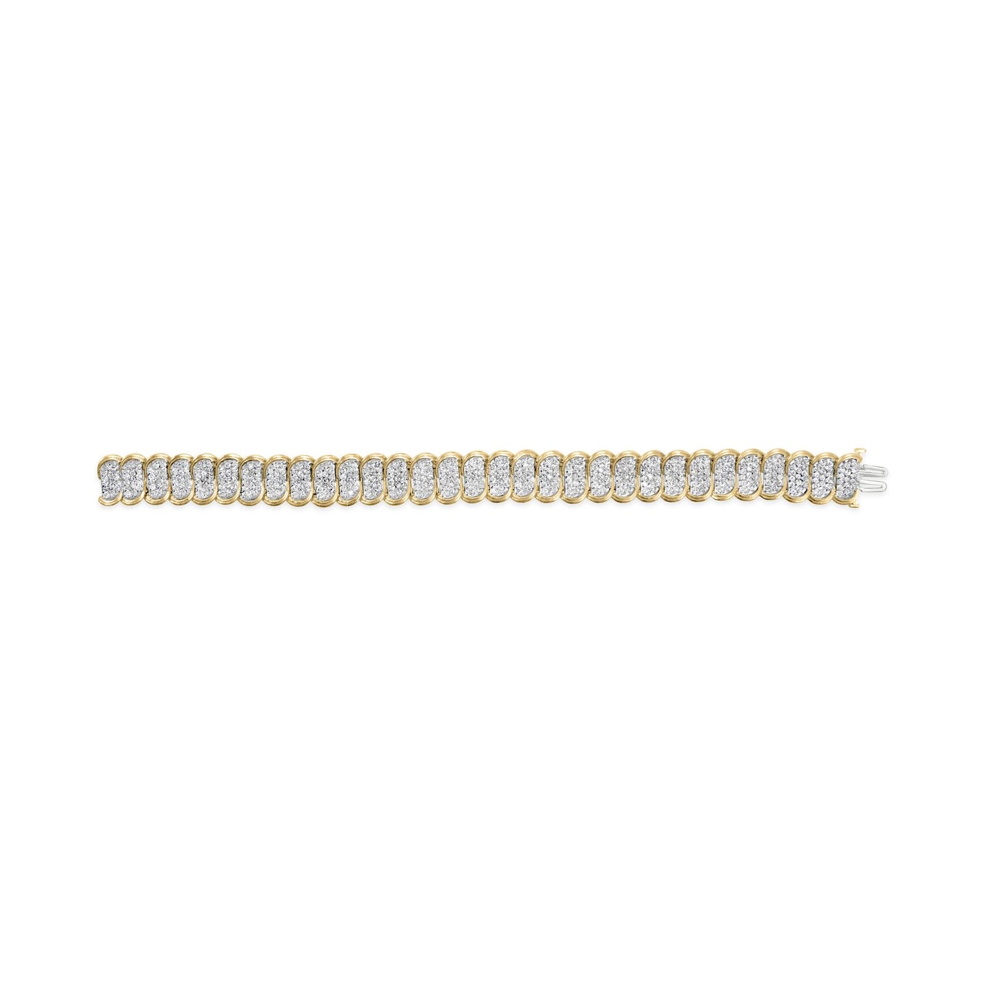 Straight-on shot of a yellow metal bracelet with multiple sections featuring clusters of white round gemstones in prong settings.