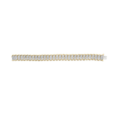 Straight-on shot of a yellow metal bracelet with multiple sections featuring clusters of white round gemstones in prong settings.