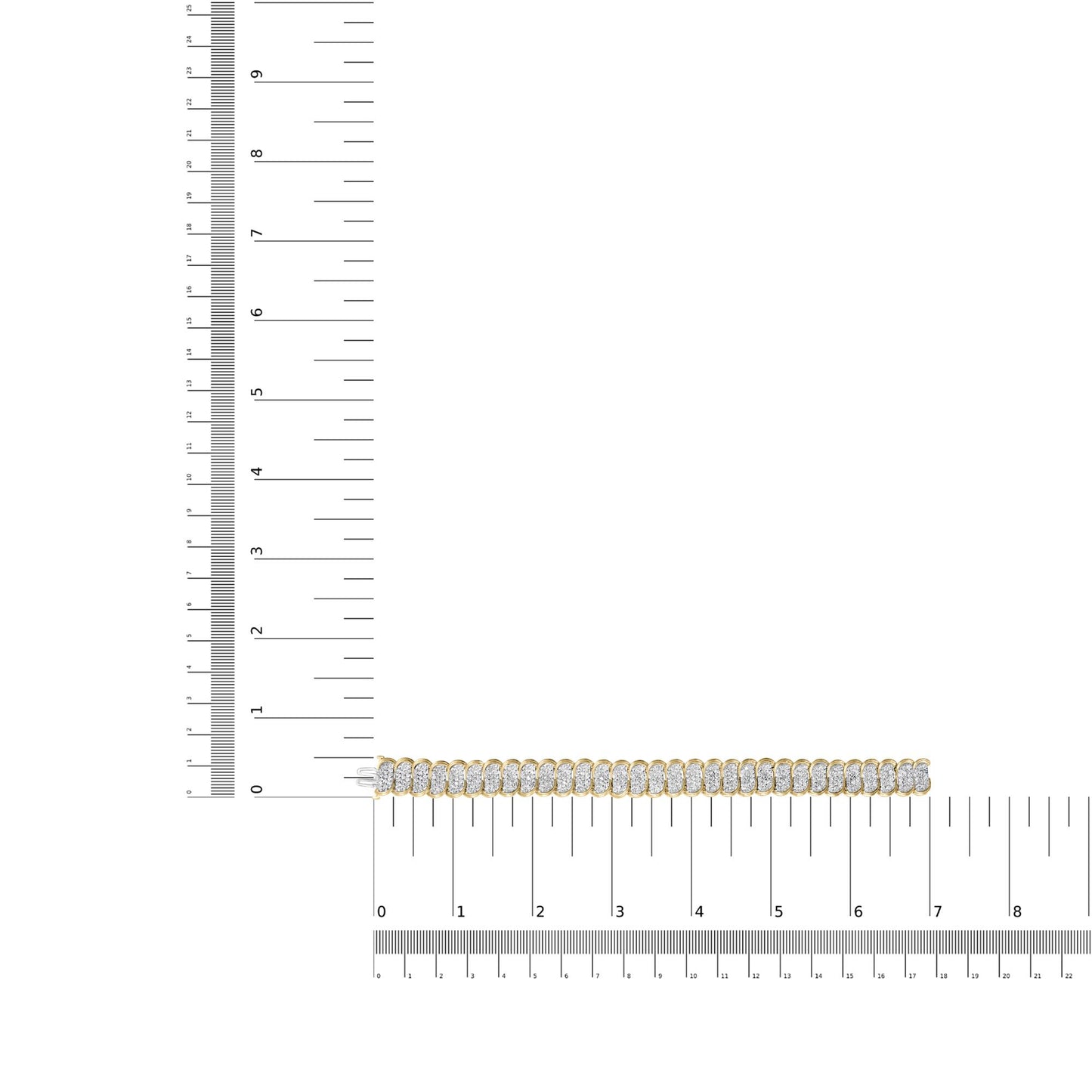 Top-down view of a yellow bracelet with multiple rows of round white gemstones in prong settings, placed on rulers for size reference.