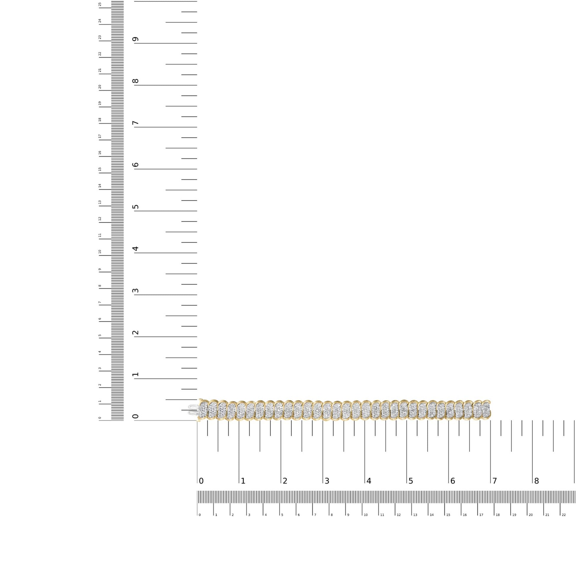 Top-down view of a yellow bracelet with multiple rows of round white gemstones in prong settings, placed on rulers for size reference.