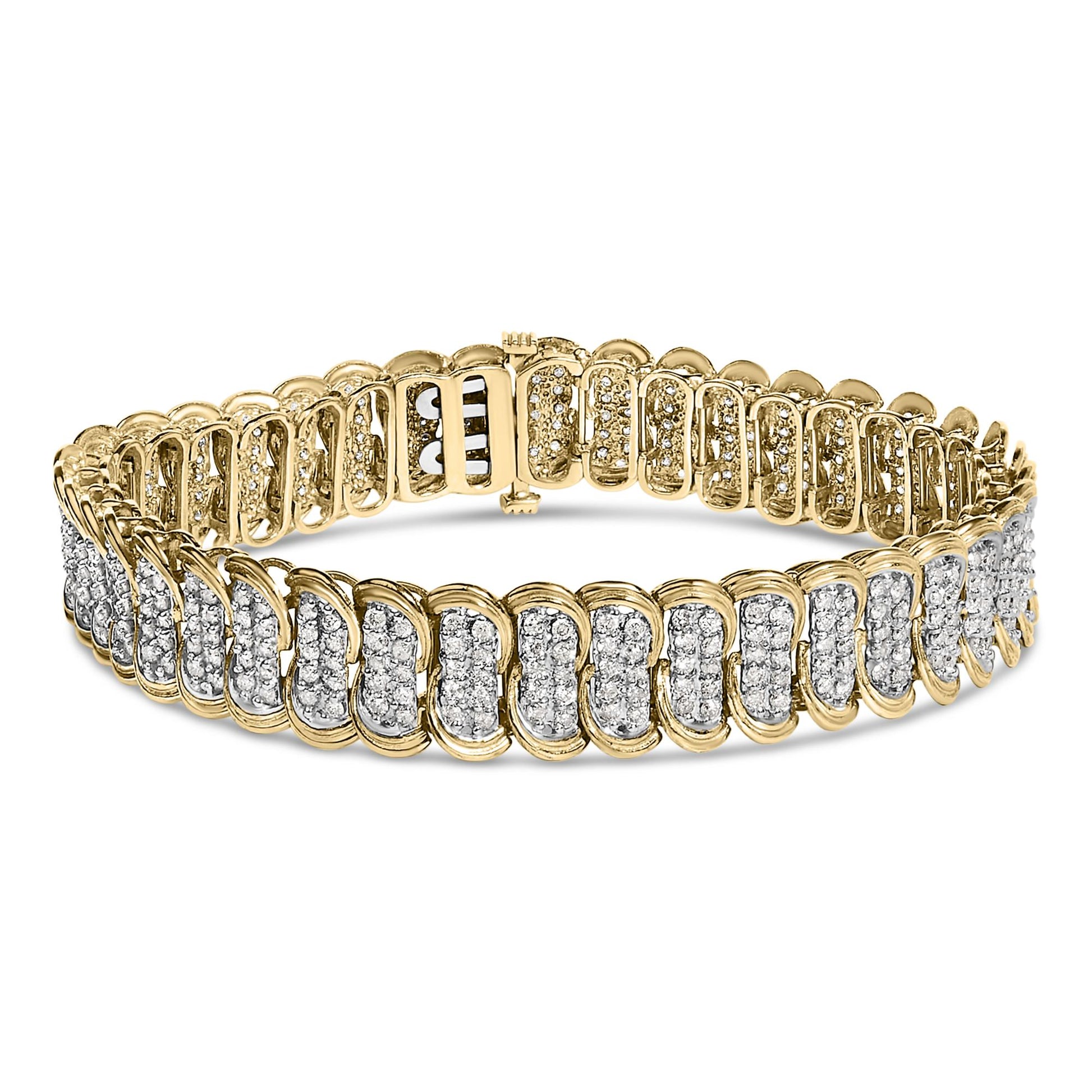 Close-up front angle of a yellow metal bracelet adorned with multiple rows of small white gemstones in a prong setting.
