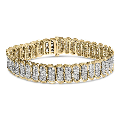 Close-up front angle of a yellow metal bracelet adorned with multiple rows of small white gemstones in a prong setting.