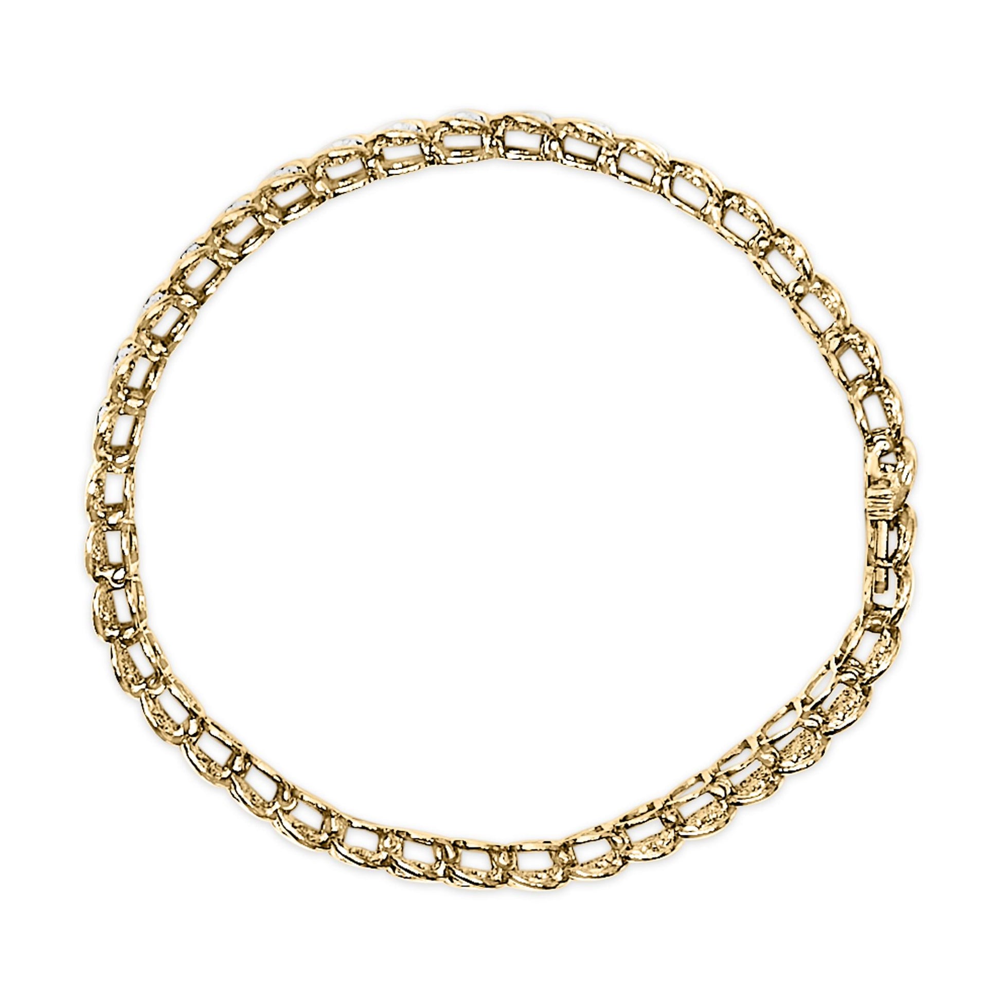 Close-up front view of a yellow bracelet with linked rectangular shapes, each set with round white gemstones in prong settings.