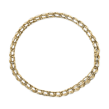 Close-up front view of a yellow bracelet with linked rectangular shapes, each set with round white gemstones in prong settings.