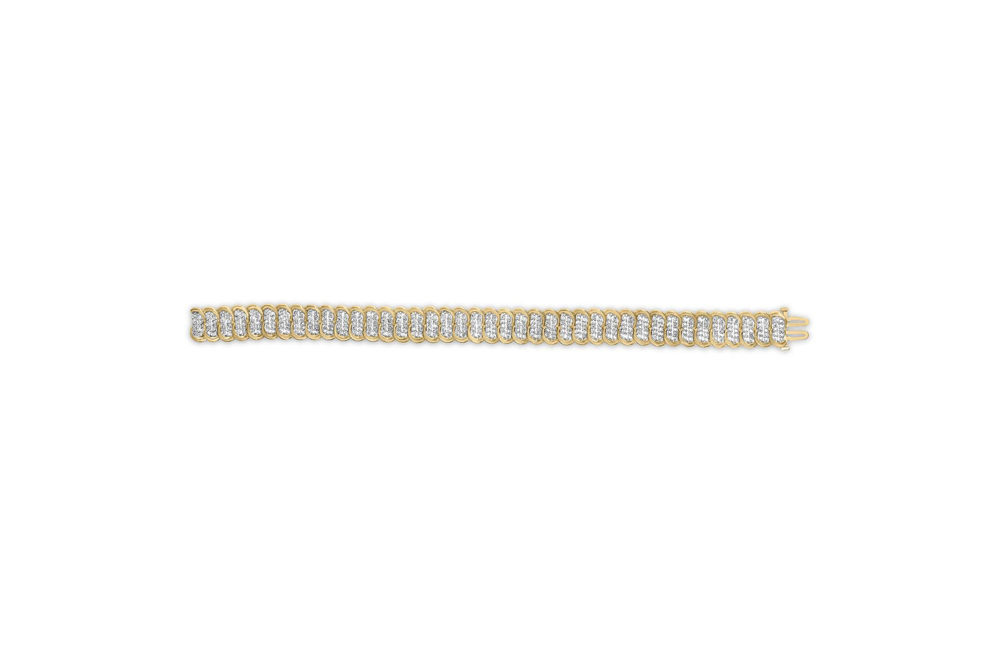 Straight-on top view of a yellow bracelet featuring multiple sections set with clusters of white round gemstones in prong settings, shown on a white background.