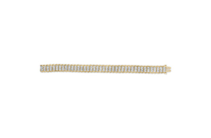Straight-on top view of a yellow bracelet featuring multiple sections set with clusters of white round gemstones in prong settings, shown on a white background.