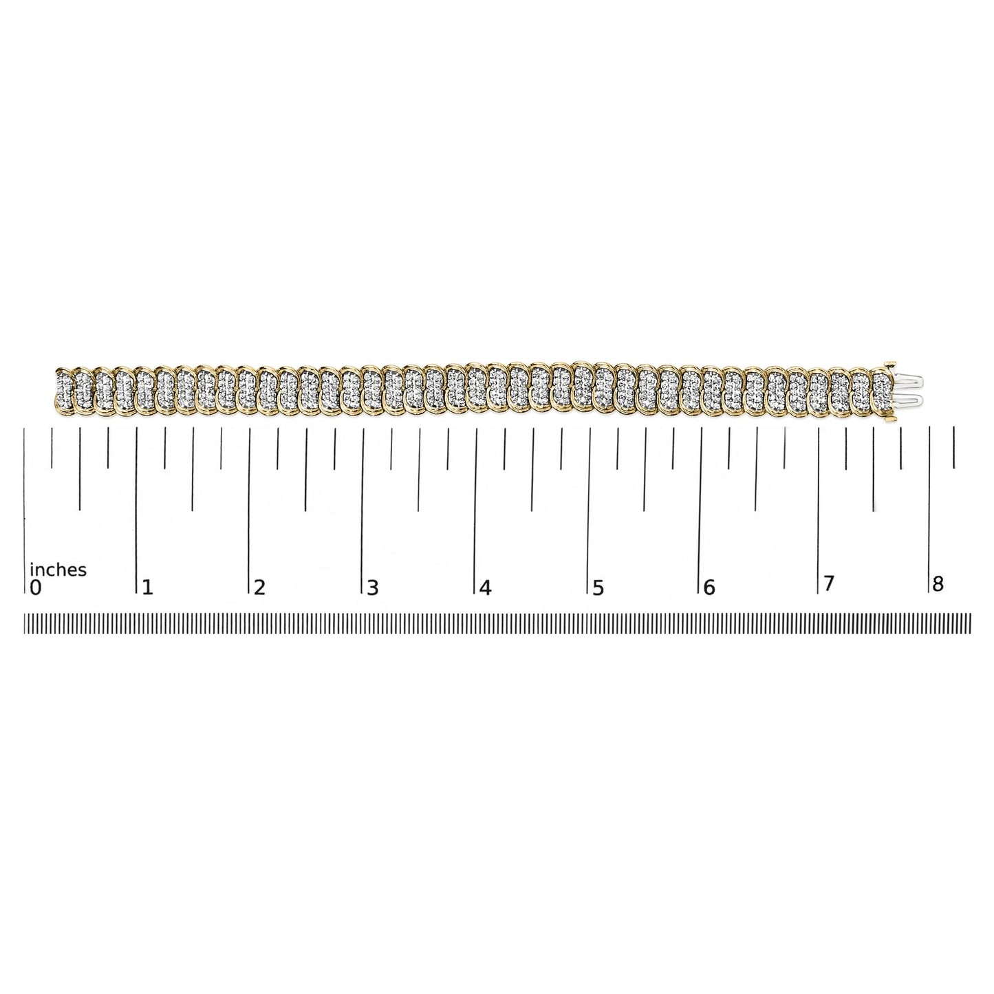 Yellow metal bracelet with multiple white round gemstones in prong settings, shown flat on a scale, photographed from a top-down angle.