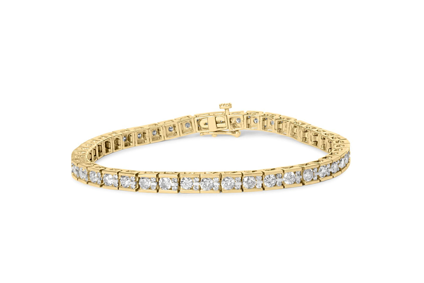 Yellow metal bracelet with round white gemstones in prong settings, shown from a slightly elevated front angle.
