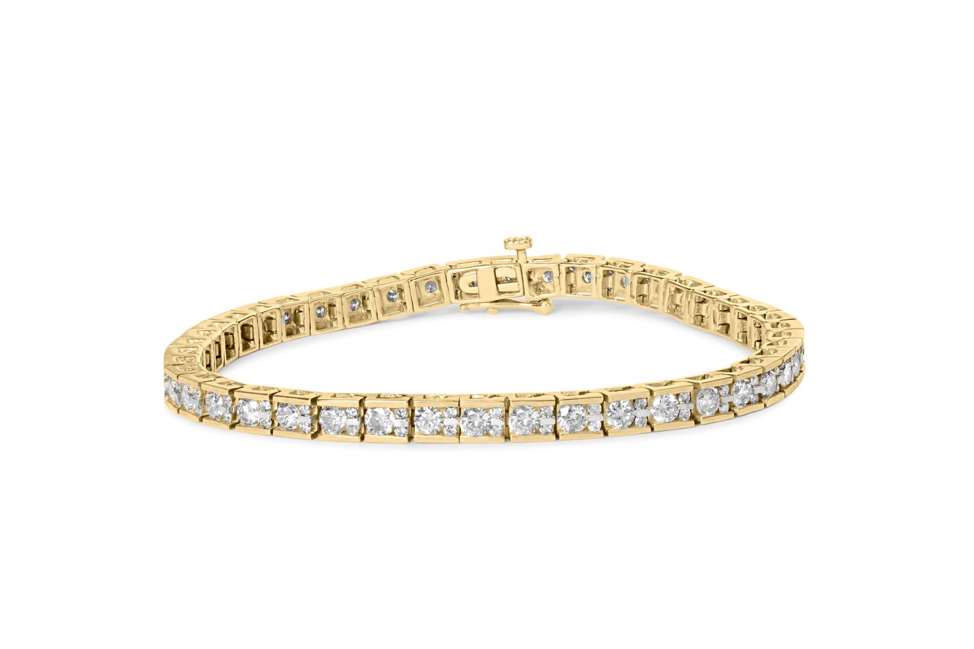 Yellow metal bracelet with round white gemstones in prong settings, shown from a slightly elevated front angle.