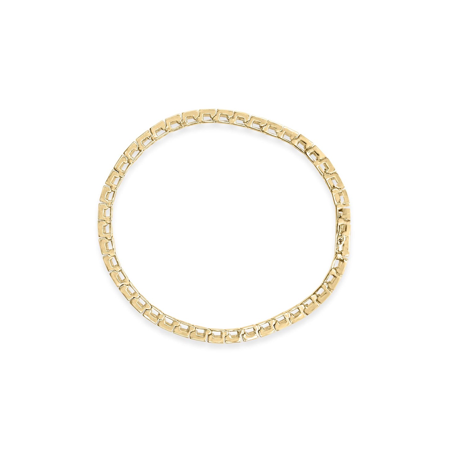 Top-down view of a yellow metal bracelet with square links, each set with round white gemstones in prong settings.