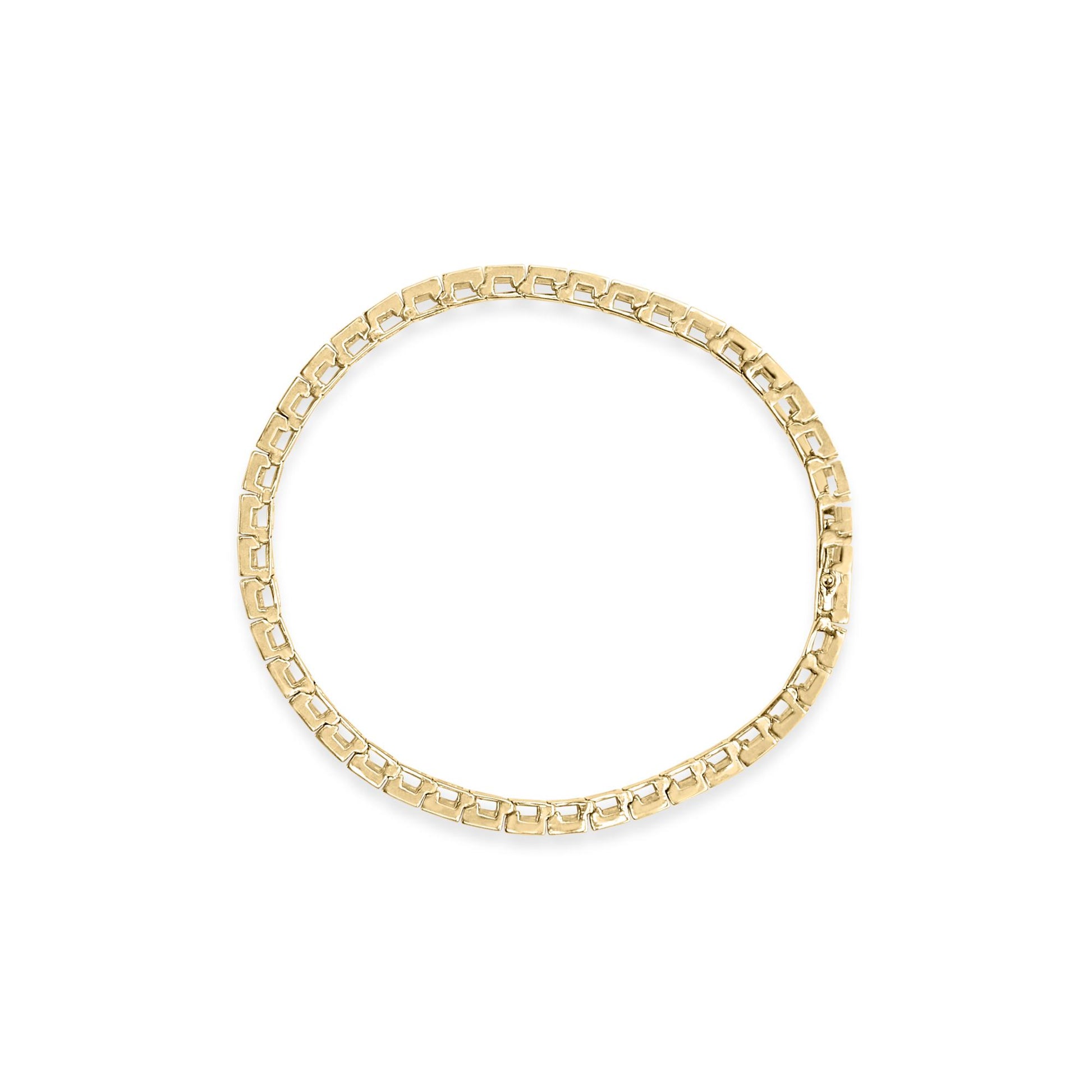 Top-down view of a yellow metal bracelet with square links, each set with round white gemstones in prong settings.