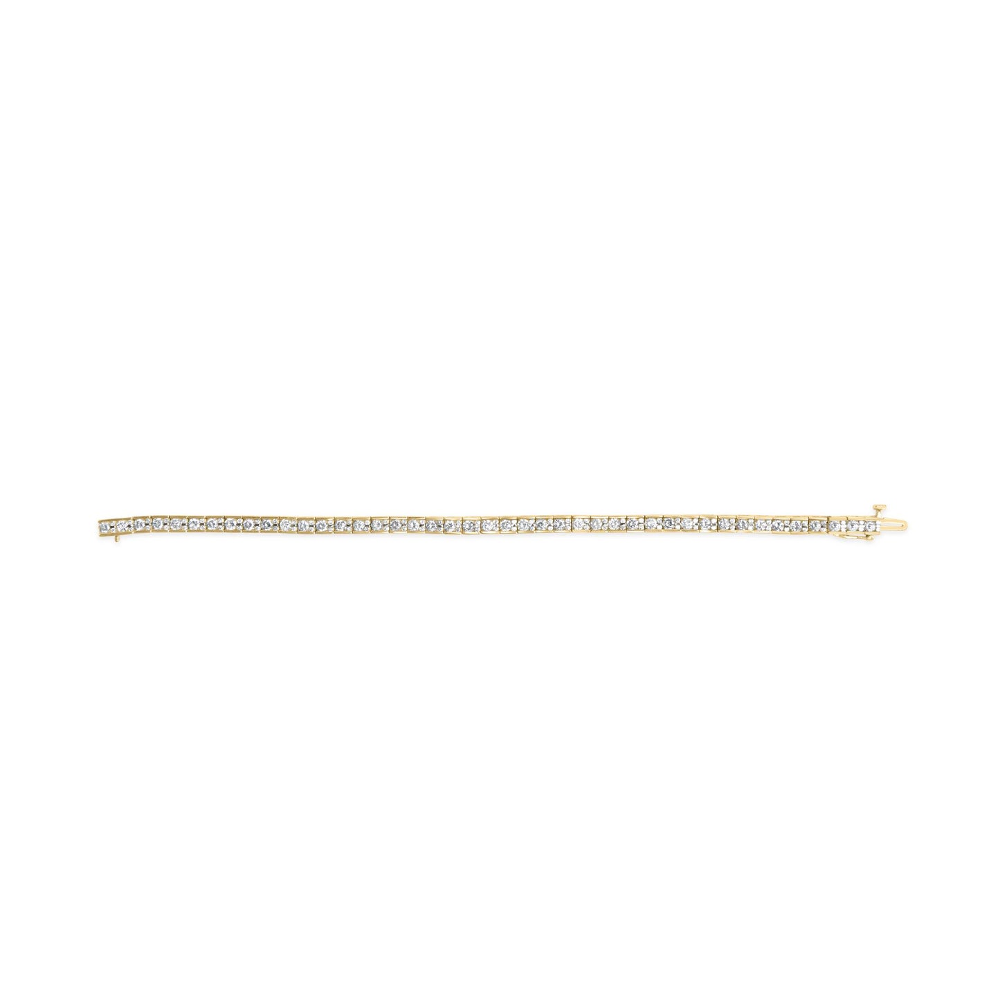 Yellow metal bracelet with white round gemstones in prong settings, shown in a flat lay from a top-down angle.