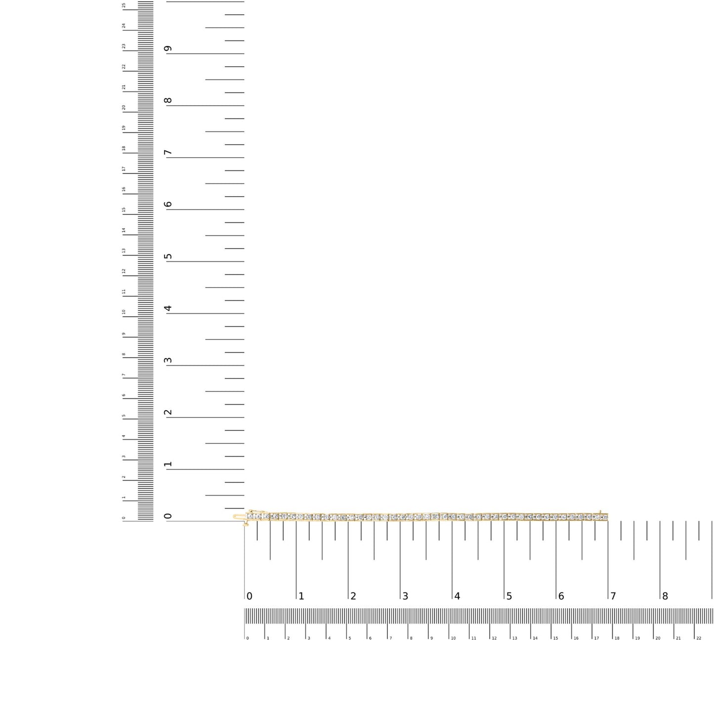 Yellow metal bracelet with round white gemstones in prong settings, shown flat on a ruler for size reference, top-down angle.