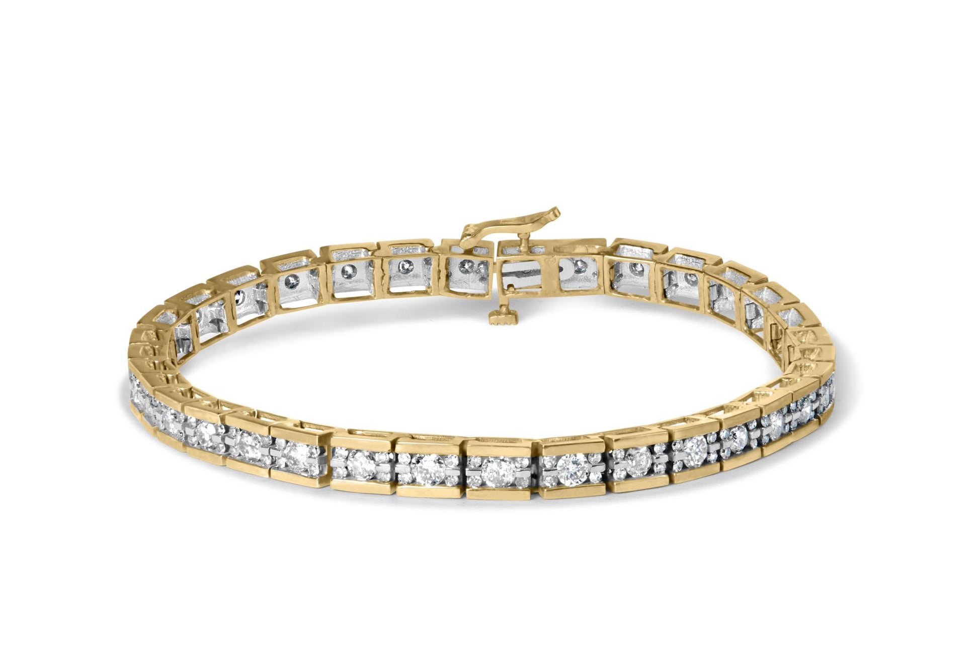 Yellow metal bracelet with two rows of channel set round white gemstones, shown from a front angle.