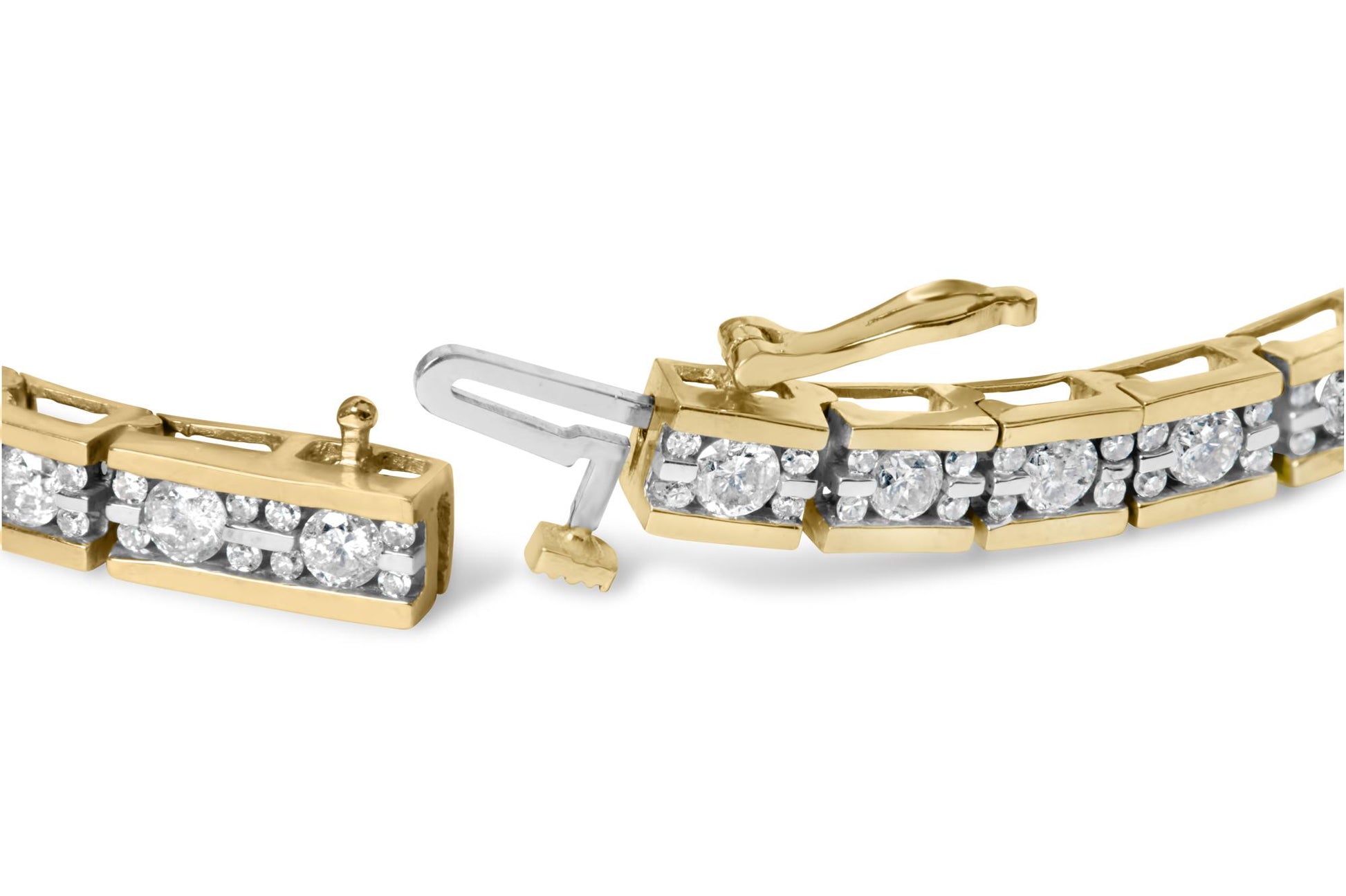 Close-up view of a yellow metal bracelet with channel-set round white gemstones, showing the clasp mechanism.