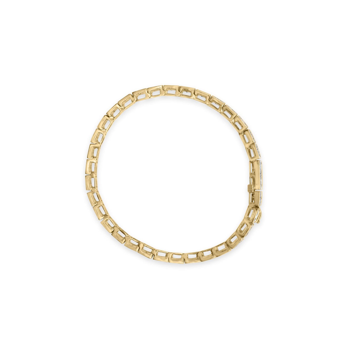 Top-down view of a yellow bracelet with two rows of white round gemstones in channel settings along the band.