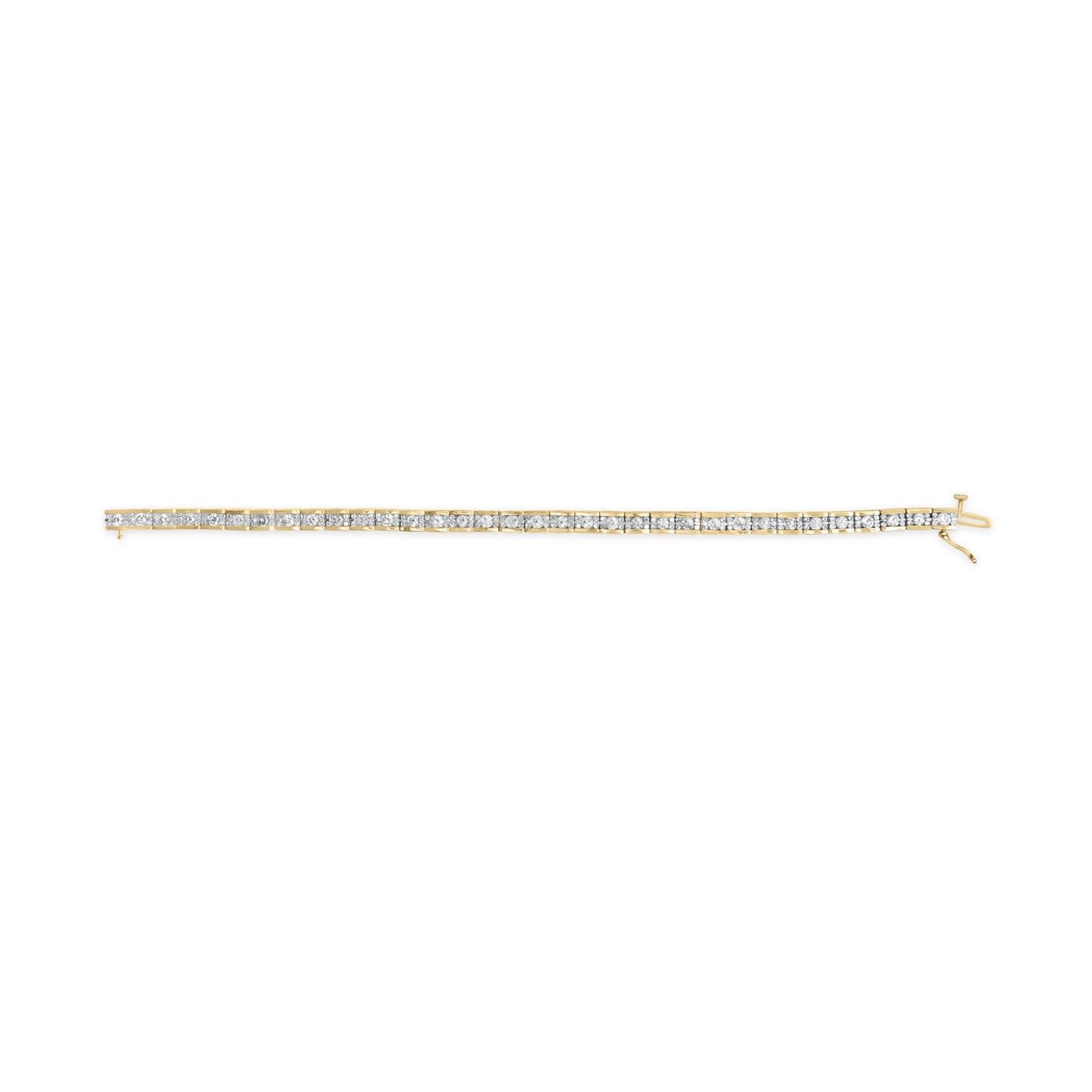 Top-down view of a yellow metal bracelet with two rows of channel-set round white gemstones along its length.