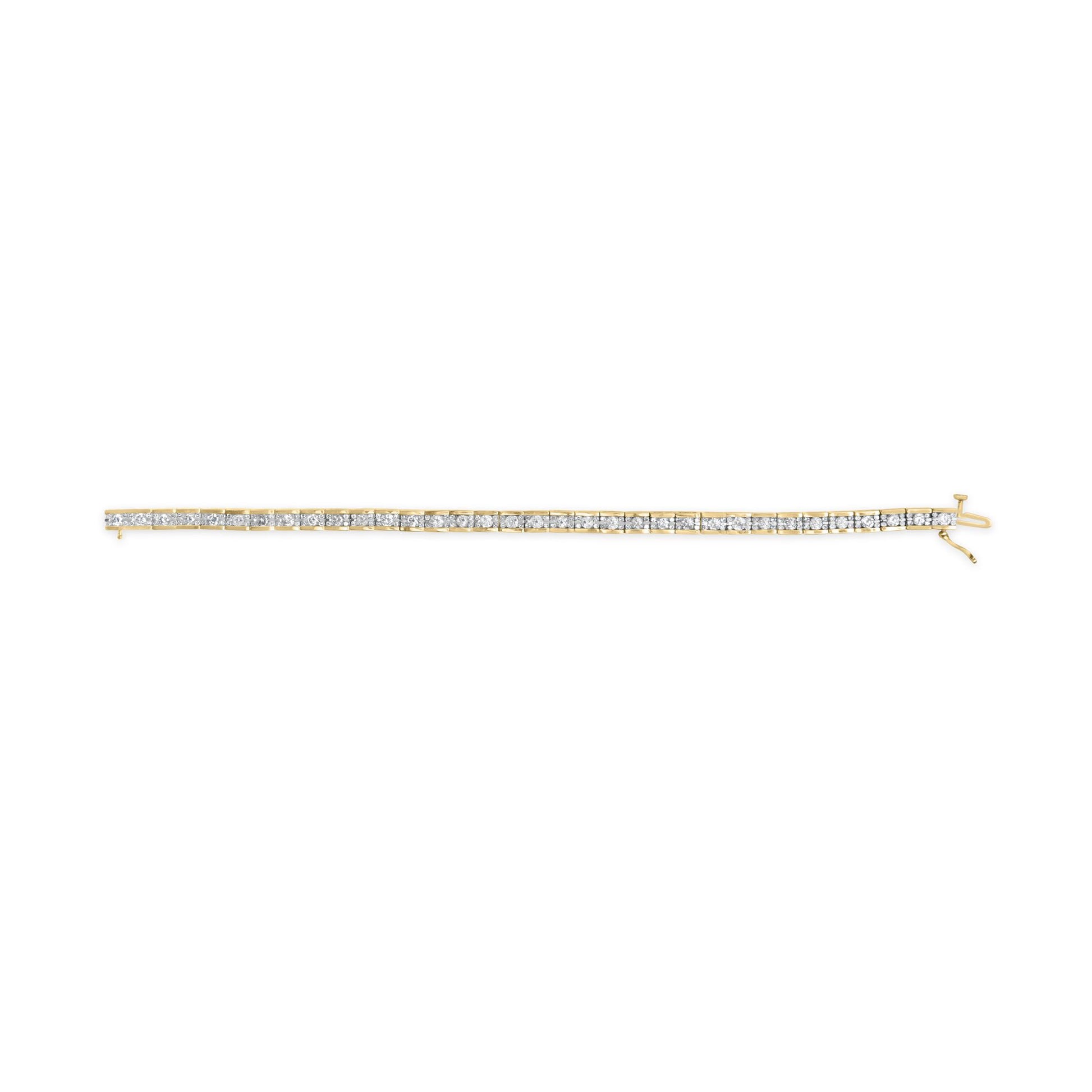 Top-down view of a yellow metal bracelet with two rows of channel-set round white gemstones along its length.