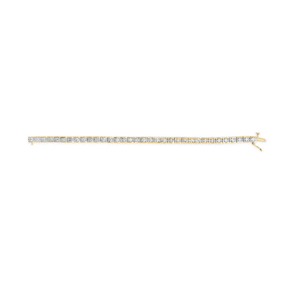 Top-down view of a yellow metal bracelet with two rows of channel-set round white gemstones along its length.