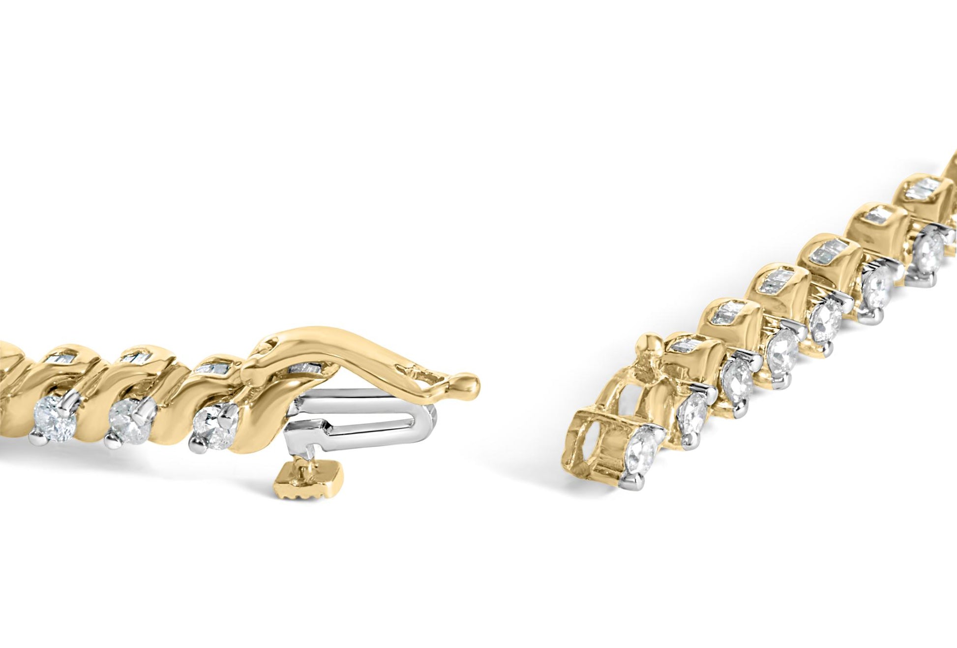 Close-up side angle of a yellow bracelet with alternating round white gemstones in prong settings and baguette white gemstones in channel settings, showing the clasp mechanism.