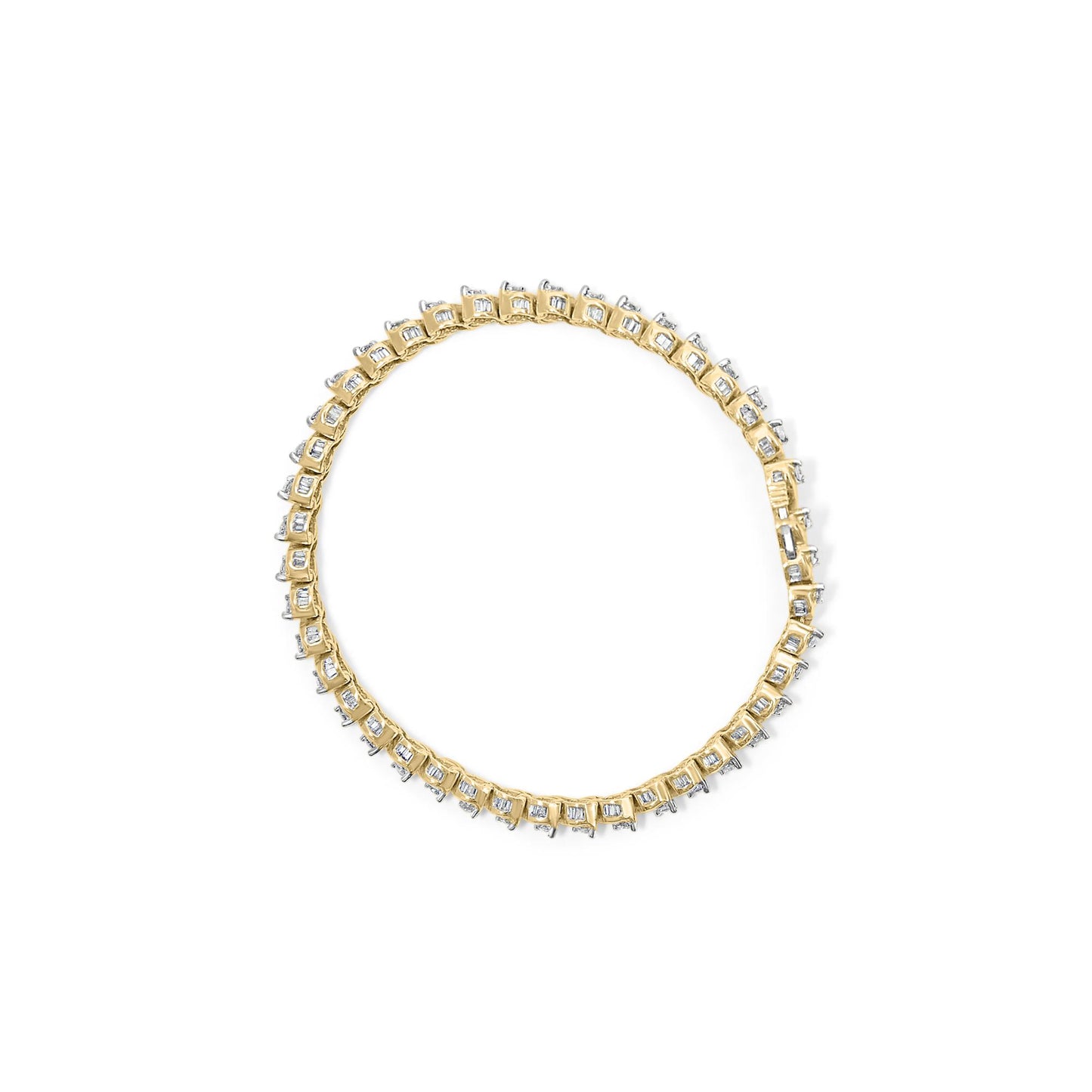 Top-down view of a yellow metal bracelet featuring round white gemstones in 2-prong settings alternating with white baguette gemstones in channel settings, arranged in a circular shape on a white background.