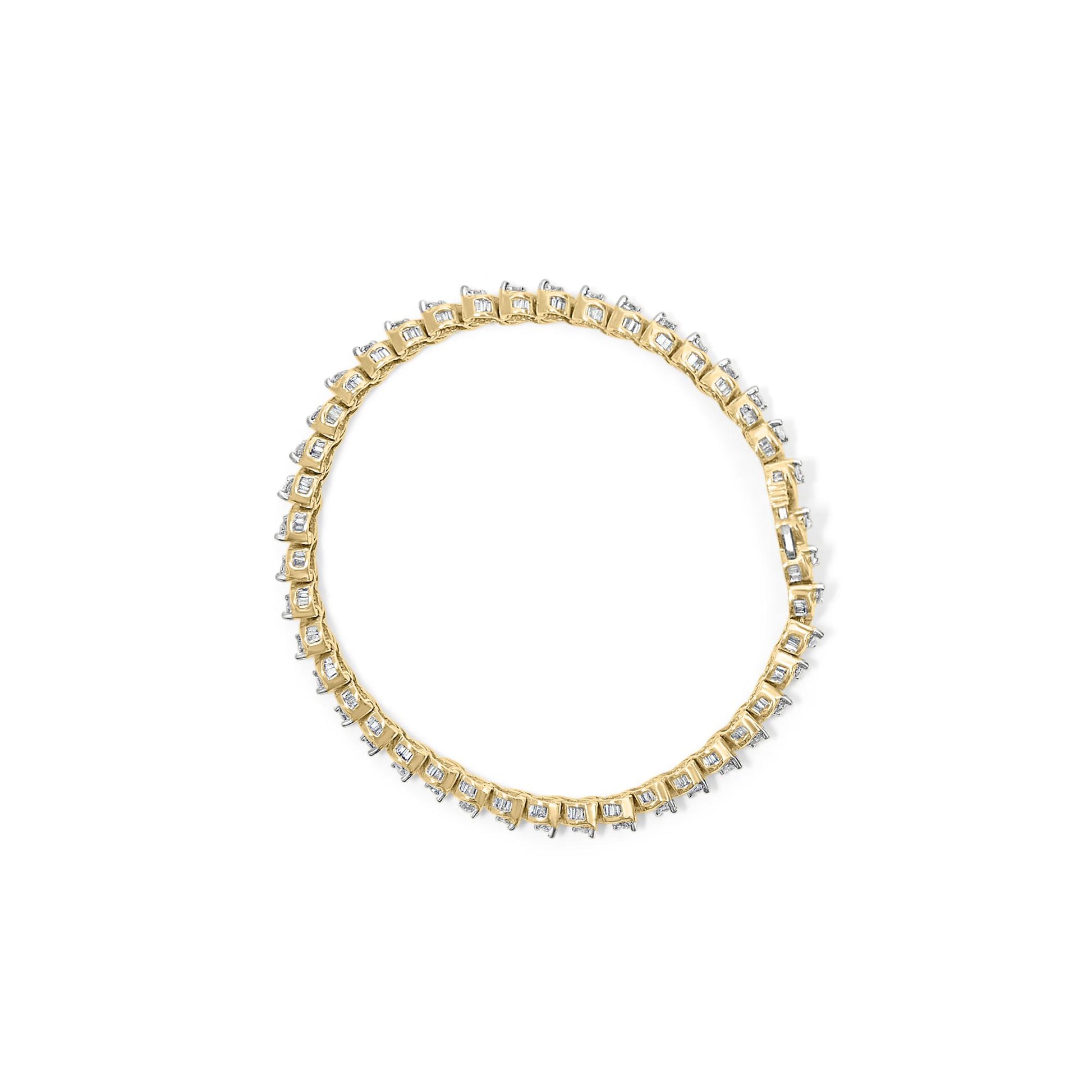 Top-down view of a yellow metal bracelet featuring round white gemstones in 2-prong settings alternating with white baguette gemstones in channel settings, arranged in a circular shape on a white background.