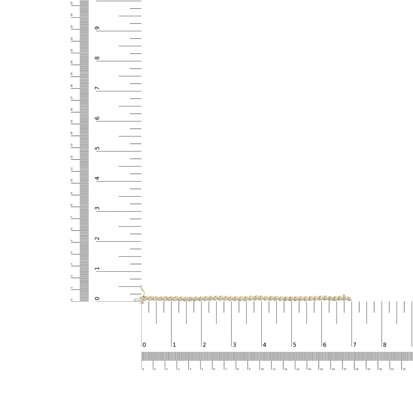 Yellow bracelet with round white gemstones in prong settings and white baguette gemstones in channel settings, displayed on a scale, top-down angle.