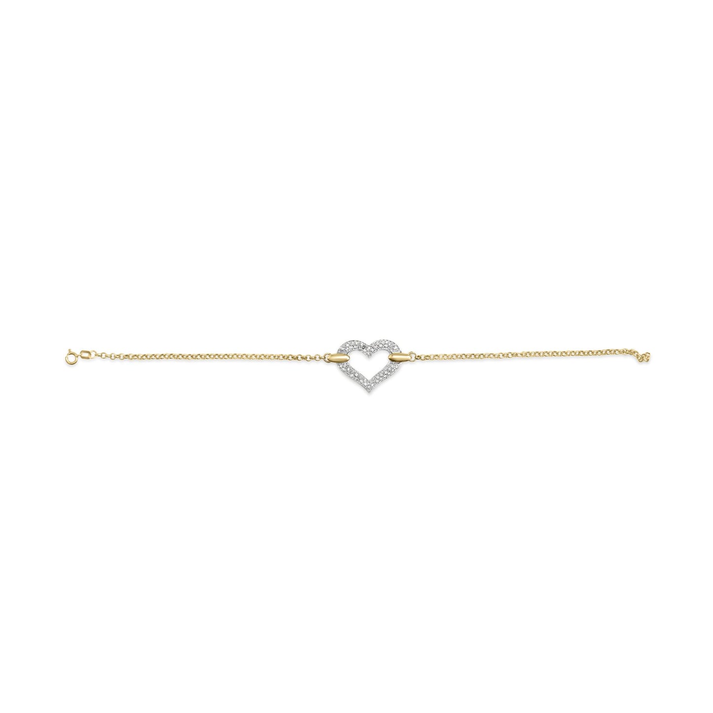 Yellow and white bracelet with a heart-shaped center adorned with white round gemstones, front-facing angle.