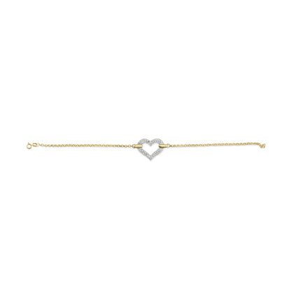 Yellow and white bracelet with a heart-shaped center adorned with white round gemstones, front-facing angle.