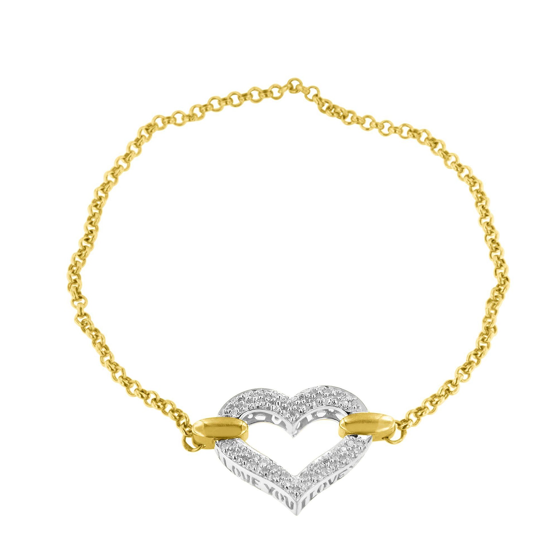 Bracelet with yellow chain and a heart-shaped pendant decorated with small white gemstones, front-facing angle on white background.
