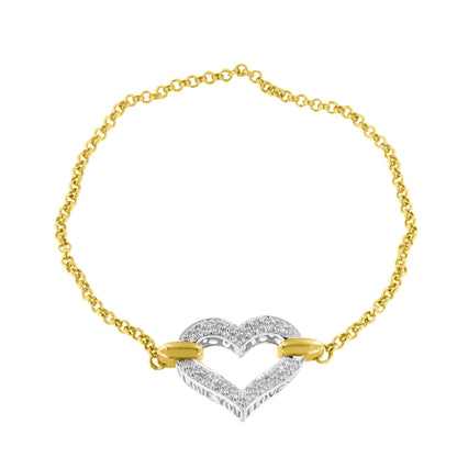 Bracelet with yellow chain and a heart-shaped pendant decorated with small white gemstones, front-facing angle on white background.