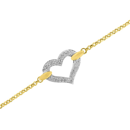 Bracelet with a yellow chain and a heart-shaped centerpiece encrusted with white round gemstones, shown on a white background at a slight diagonal angle.