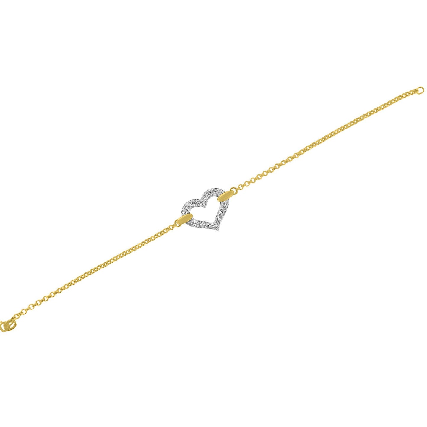 Bracelet shown flat from a top-down angle with a yellow chain and a white heart-shaped centerpiece adorned with round white gemstones in prong settings.